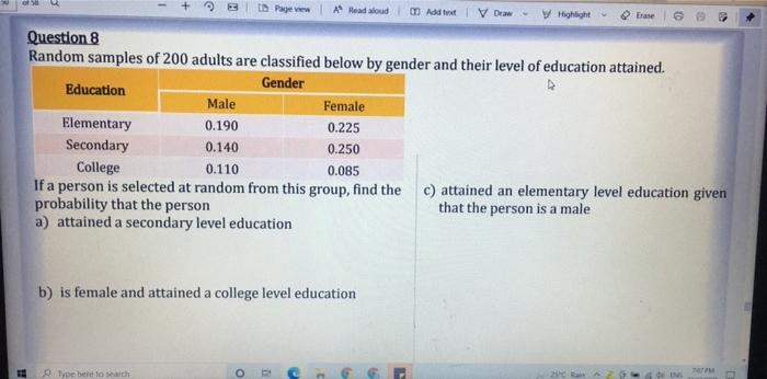 I Page A Read Aloud 0 Add To Y Highlight Erase 6 On Question 8 Random Samples Of 200 Adults Are Classified Below By 1