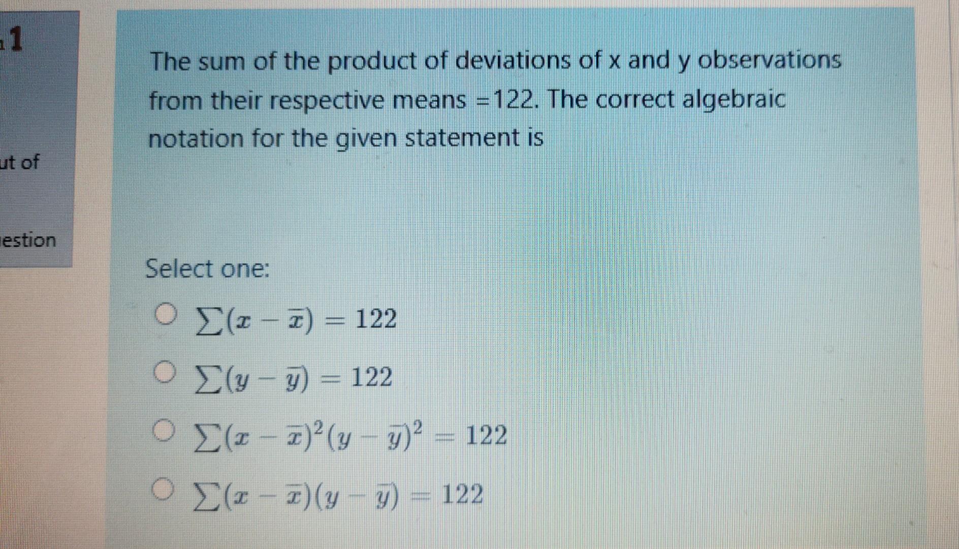1 The Sum Of The Product Of Deviations Of X And Y Observations Y From Their Respective Means 122 The Correct Algebrai 1