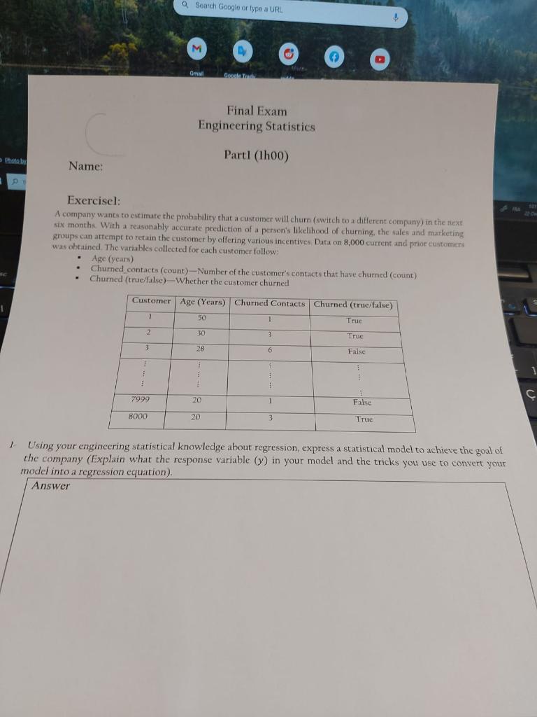 A Search Google Or Lype A Url M Gmail Cocolor Final Exam Engineering Statistics Part1 1h00 Name D Exercisel A Compan 1