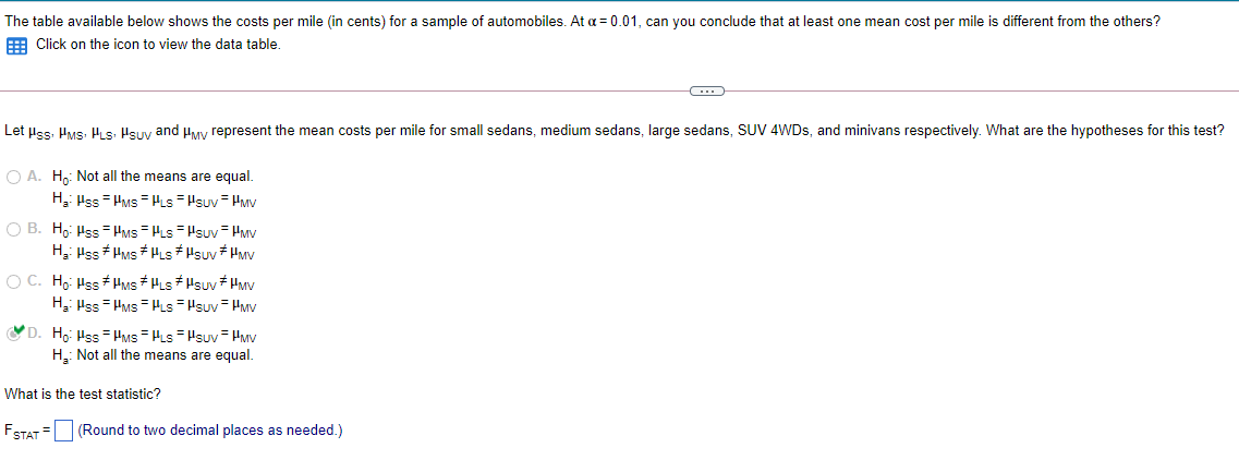 The Table Available Below Shows The Costs Per Mile In Cents For A Sample Of Automobiles At A 0 01 Can You Conclude 1
