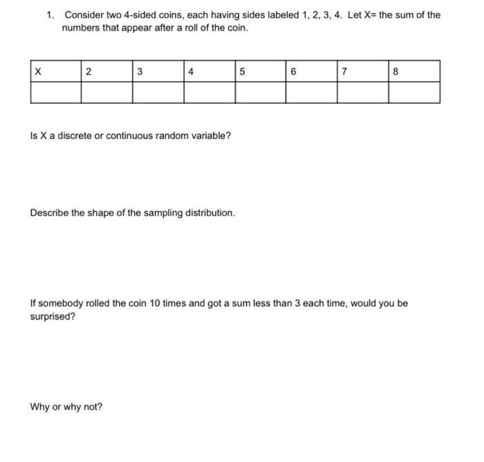 1 Consider Two 4 Sided Coins Each Having Sides Labeled 1 2 3 4 Let X The Sum Of The Numbers That Appear After A R 1