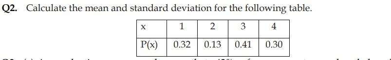 Q2 Calculate The Mean And Standard Deviation For The Following Table X 1 2 3 4 P X 0 32 0 13 0 41 0 30 1