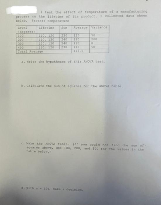 I Test The Effect Of Temperature Of Manufacturing Process On The Lifetime Of Its Product I Collected Data Shown Below 1
