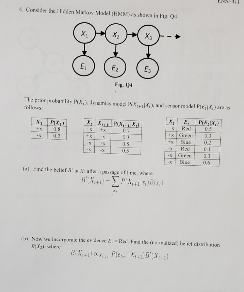 Ense411 4 Consider The Hidden Markov Model Hmm As Shown In Fig 24 X1 X X3 E1 E2 E3 Fig 24 The Prior Probability P 1