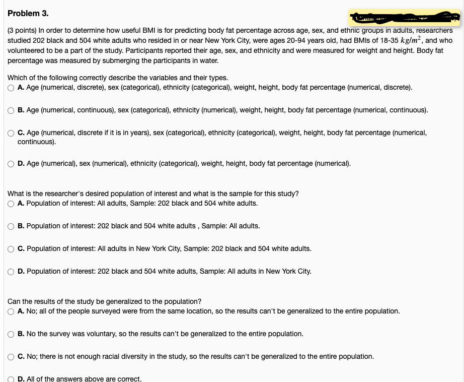 Problem 3 Mica 3 Points In Order To Determine How Useful Bmi Is For Predicting Body Fat Percentage Across Age Sex A 1