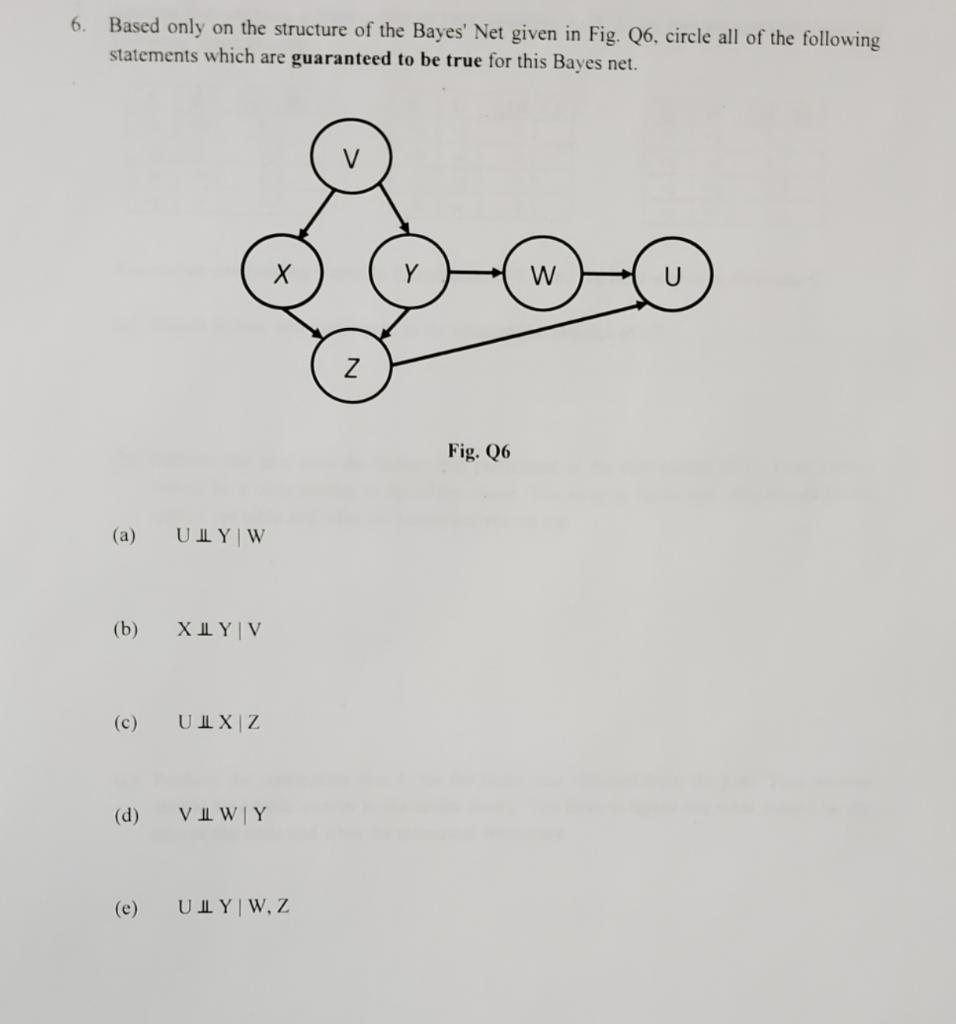 6 Based Only On The Structure Of The Bayes Net Given In Fig 26 Circle All Of The Following Statements Which Are Guar 1