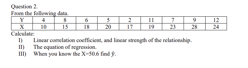 12 24 Question 2 From The Following Data Y 4 8 6 5 2 11 7 9 X 10 15 18 20 17 19 23 28 Calculate I Linear Correlation 1