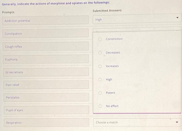 Generally Indicate The Actions Of Morphine And Opiates On The Followings Submitted Answers Prompts Addiction Potential 1