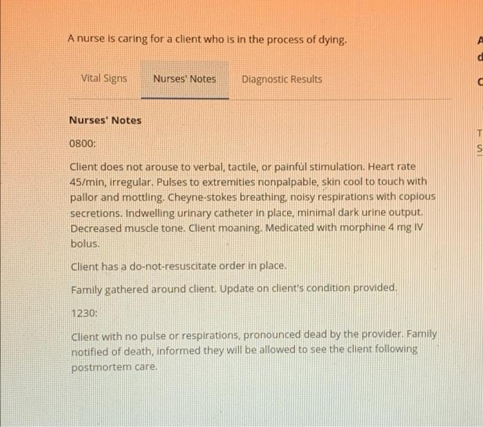 A Nurse Is Caring For A Client Who Is In The Process Of Dying Vital Signs Nurses Notes Diagnostic Results Vital Signs 2