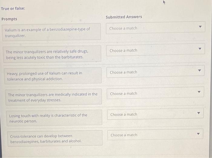 True Or False Prompts Submitted Answers Choose A Match Valium Is An Example Of A Benzodiazepine Type Of Tranquilizer Ch 1