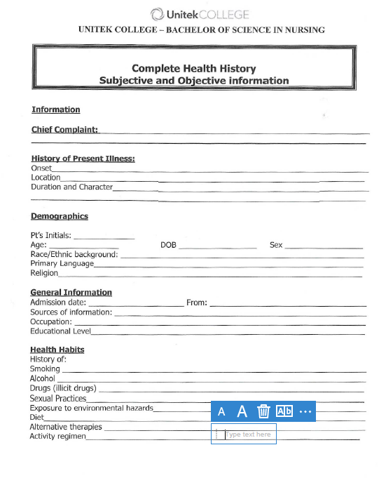 Unitek College Unitek College Bachelor Of Science In Nursing Complete Health History Subjective And Objective Informat 1