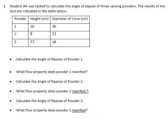 1 Student Ar Was Tasked To Calculate The Angle Of Repose Of Three Varying Powders The Results Of The Test Are Indicate 1