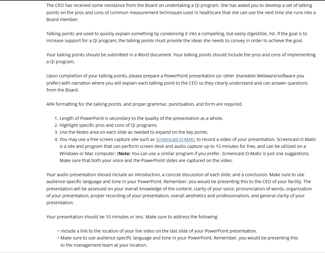 The Ceo Has Received Some Resistance From The Board On Undertaking A Qi Program She Has Asked You To Develop A Set Of T 1