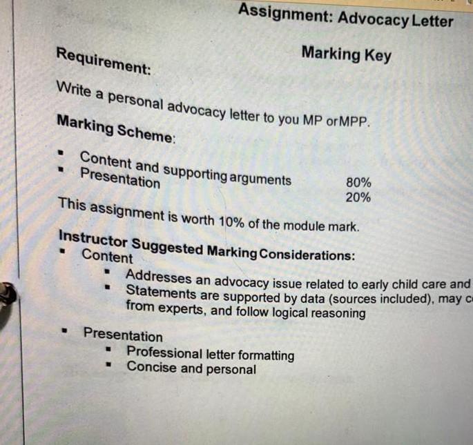 Assignment Advocacy Letter Requirement Marking Key Write A Personal Advocacy Letter To You Mp Or Mpp Marking Scheme 1