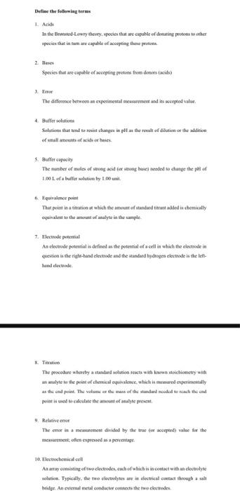 Define The Following Terms L Acide In The Red Lowry Geory Species That Are Capable Of Doing Protons To Other Species Th 1