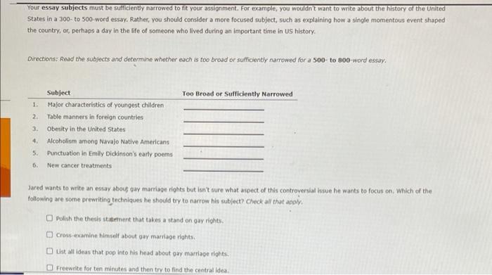 Your Essay Subjects Must Be Sufficiently Narrowed To Fit Your Assignment For Example You Wouldn T Want To Write About 1