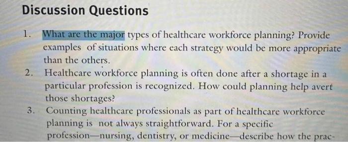 Discussion Questions 1 What Are The Major Types Of Healthcare Workforce Planning Provide Examples Of Situations Where 1