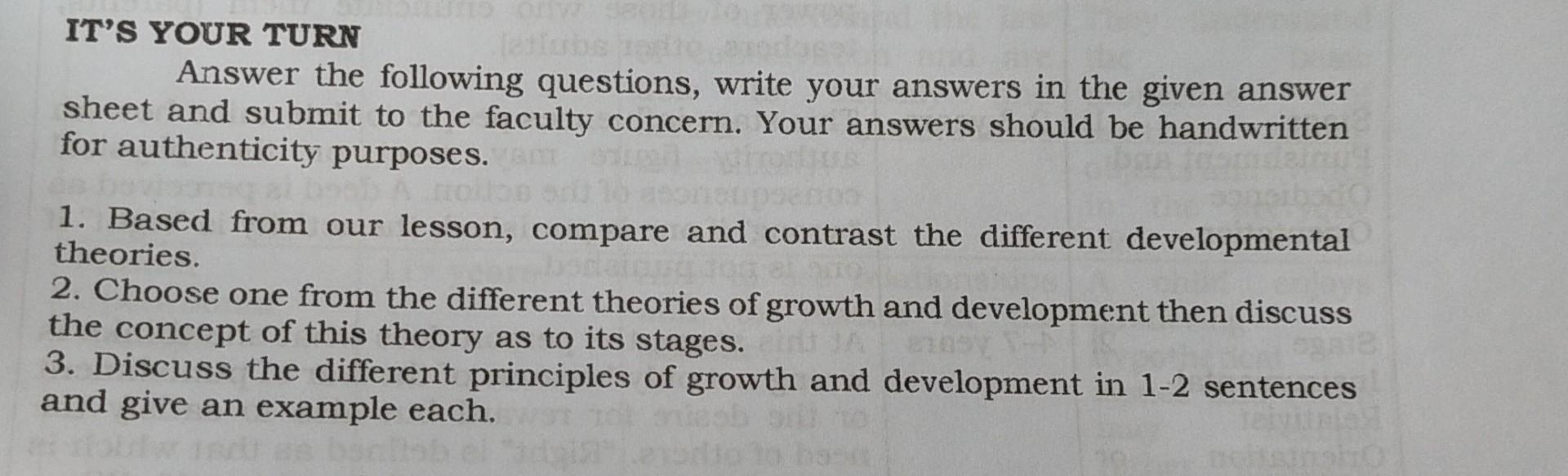 It S Your Turn Answer The Following Questions Write Your Answers In The Given Answer Sheet And Submit To The Faculty Co 1