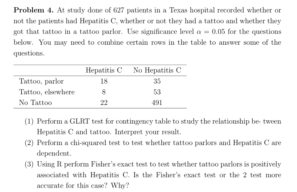 Problem 4 At Study Done Of 627 Patients In A Texas Hospital Recorded Whether Or Not The Patients Had Hepatitis C Wheth 1