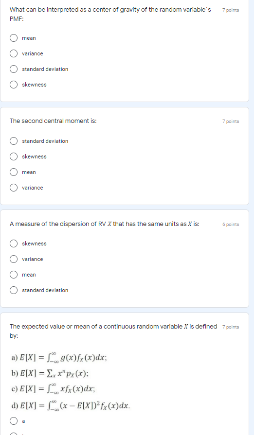 7 Points What Can Be Interpreted As A Center Of Gravity Of The Random Variable S Pmf Mean Variance Standard Deviation S 1
