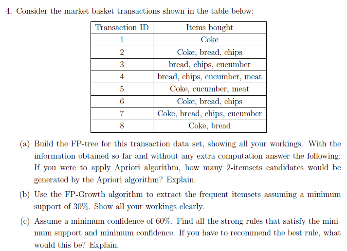 4 Consider The Market Basket Transactions Shown In The Table Below Transaction Id Items Bought 1 Coke 2 Coke Bread C 1