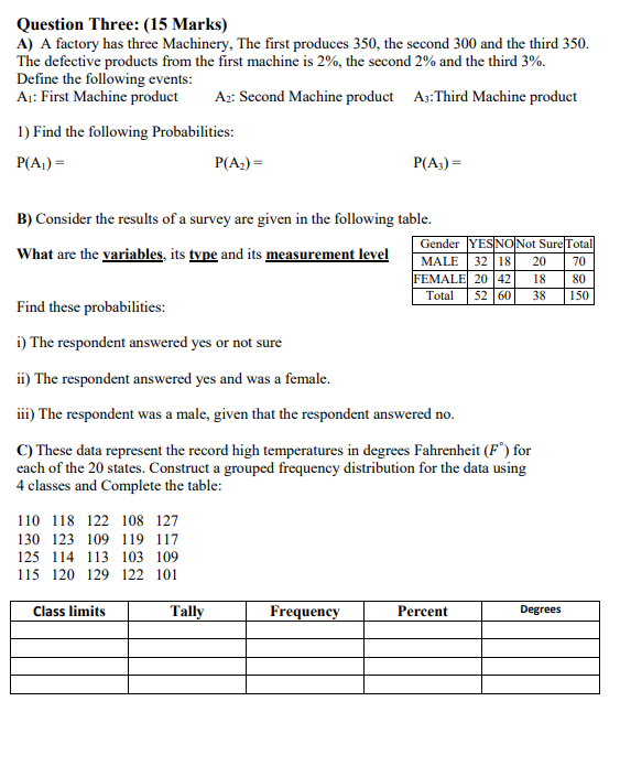 Question Three 15 Marks A A Factory Has Three Machinery The First Produces 350 The Second 300 And The Third 350 T 1