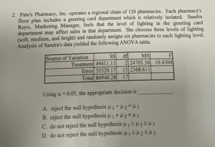 2 Pate S Pharmacy Inc Operates A Regional Chain Of 120 Pharmacies Each Pharmacy S Floor Plan Includes A Greeting Car 1