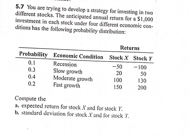 5 7 You Are Trying To Develop A Strategy For Investing In Two Different Stocks The Anticipated Annual Return For A 1 0 1