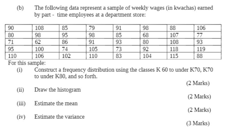 B The Following Data Represent A Sample Of Weekly Wages In Kwachas Earned By Part Time Employees At A Department S 1