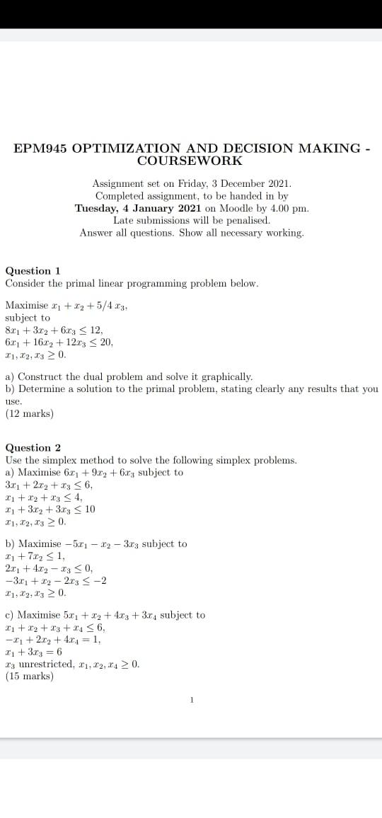 Epm945 Optimization And Decision Making Coursework Assignment Set On Friday 3 December 2021 Completed Assignment To 1