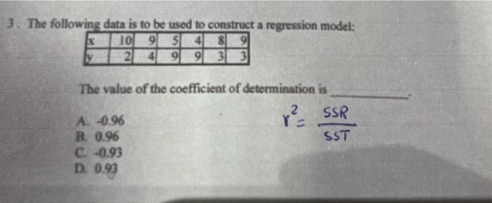 3 The Following Data Is To Be Used To Construct A Regression Model 10 9 S4 81 9 2 4 9 9 3 3 The Value Of The Coefficie 1