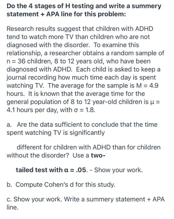 Do The 4 Stages Of H Testing And Write A Summery Statement Apa Line For This Problem Research Results Suggest That Ch 1