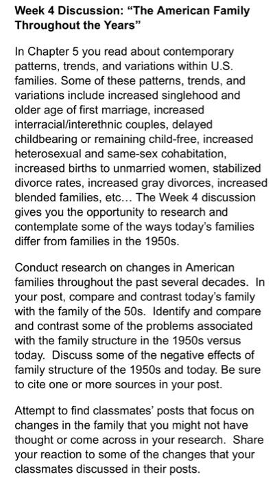 Week 4 Discussion The American Family Throughout The Years In Chapter 5 You Read About Contemporary Patterns Trends 1