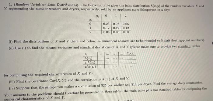 1 Random Variables Joint Distributions The Following Table Gives The Joint Distribution X Y Of The Random Variabl 1