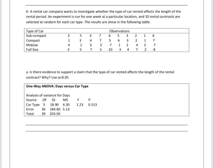 6 A Rental Car Company Wants To Investigate Whether The Type Of Car Rented Affects The Length Of The Rental Period An 1