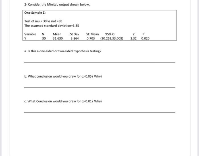2 Consider The Minitab Output Shown Below One Sample Test Of Mu 30 Vs Not 30 The Assumed Standard Deviation 3 85 1