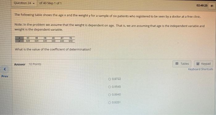 Question 24 Of 40 Step 1 Of 1 02 49 25 The Following Table Shows The Age X And The Weighty For A Sample Of Six Patient 1