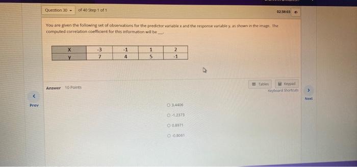 Question 30 Of 40 Step 1 Of 1 02 38 03 You Are Given The Following Set Of Observations For The Predictor Variablex And 1