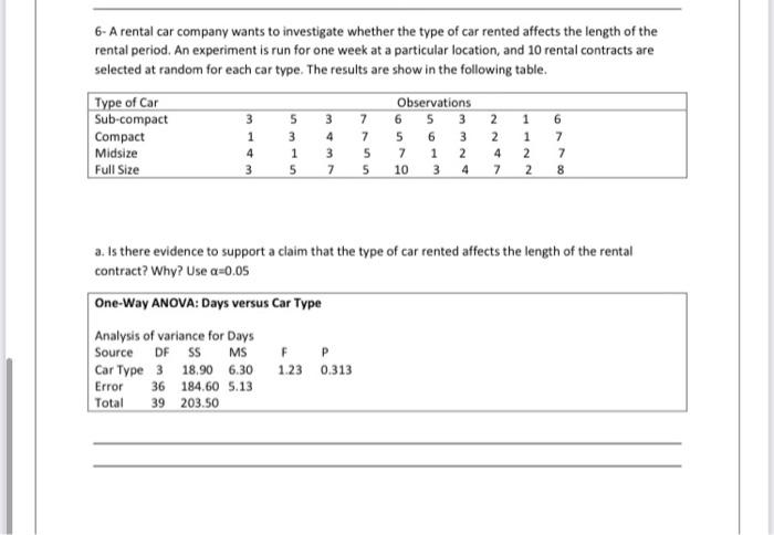 6 A Rental Car Company Wants To Investigate Whether The Type Of Car Rented Affects The Length Of The Rental Period An 1