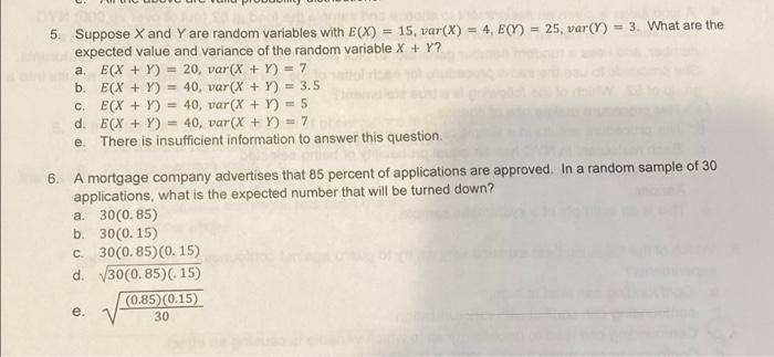 5 Suppose X And Y Are Random Variables With E X 15 Var X 4 E Y 25 Var Y 3 What Are The Expected Value An 1