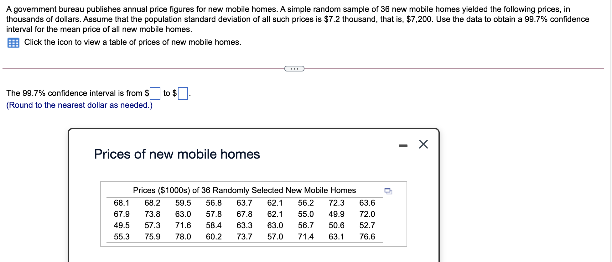 A Government Bureau Publishes Annual Price Figures For New Mobile Homes A Simple Random Sample Of 36 New Mobile Homes Y 1