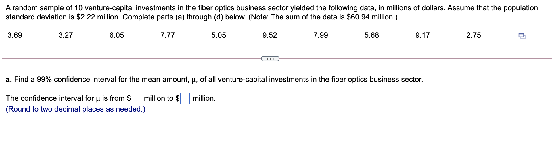 A Random Sample Of 10 Venture Capital Investments In The Fiber Optics Business Sector Yielded The Following Data In Mil 1