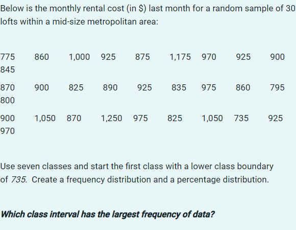 Below Is The Monthly Rental Cost In Last Month For A Random Sample Of 30 Lofts Within A Mid Size Metropolitan Area 1