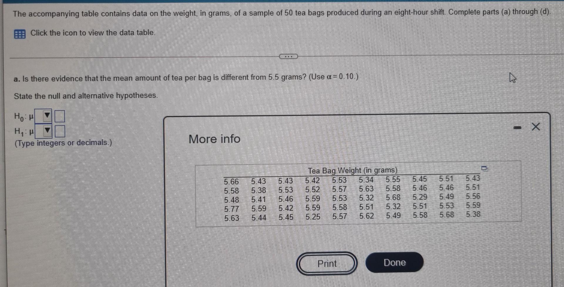 The Accompanying Table Contains Data On The Weight In Grams Of A Sample Of 50 Tea Bags Produced During An Eight Hour S 1