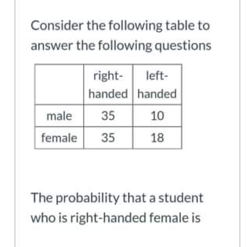Consider The Following Table To Answer The Following Questions Right Left Handed Handed Male 35 10 Female 35 18 The Pr 1