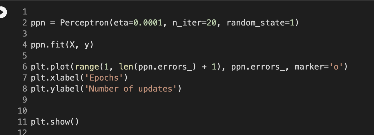 1 Import Numpy As Np 4 Class Perceptron Object Perceptron Classifier 6 7 Parameters 8 9 Eta Float 10 Learning R 4