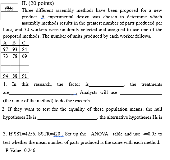 Ii 20 Points 194 Three Different Assembly Methods Have Been Proposed For A New Product A Experimental Design Was Cho 1