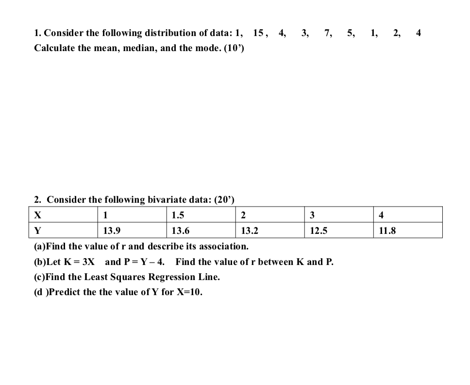 1 Consider The Following Distribution Of Data 1 15 4 3 7 5 1 2 4 Calculate The Mean Median And The Mode 10 1