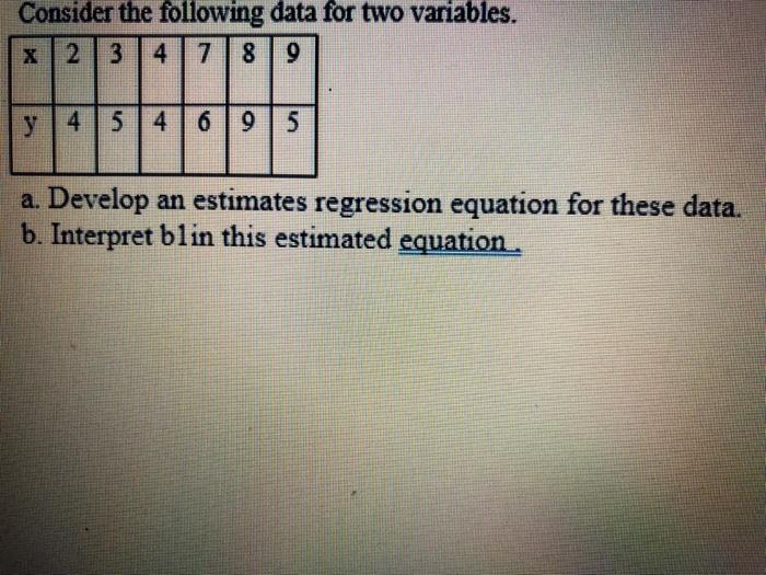 Consider The Following Data For Two Variables X 234789 Y 454695 A Develop An Estimates Regression Equation For These D 1