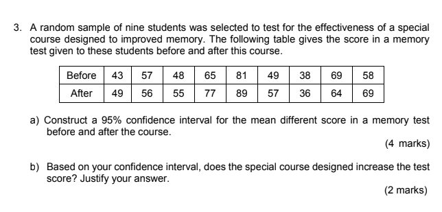 3 A Random Sample Of Nine Students Was Selected To Test For The Effectiveness Of A Special Course Designed To Improved 1